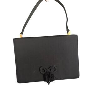 Vintage Manon Black Satin Clutch Shoulder Evening Bag Purse Tassel Accent